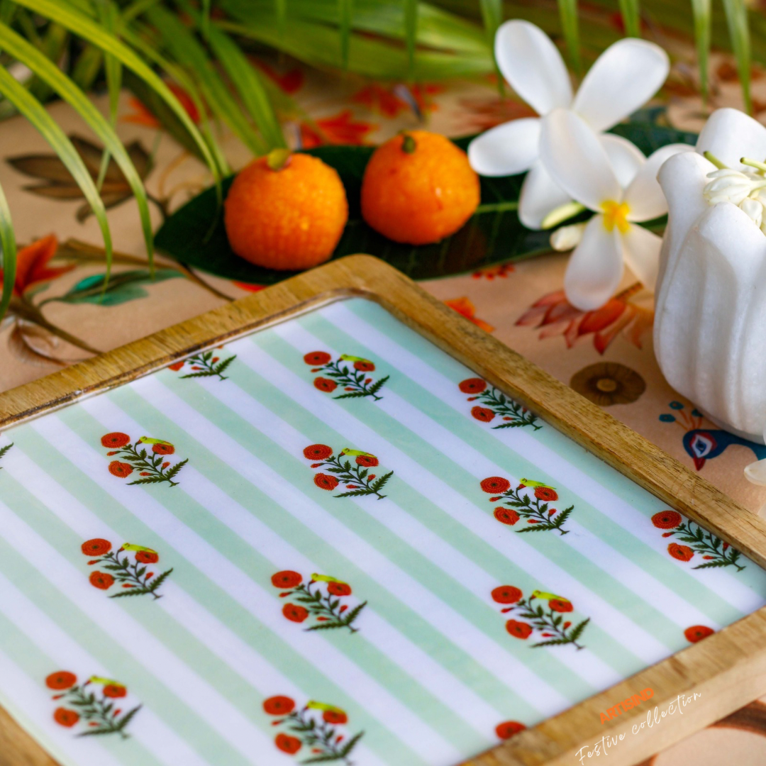 Marigold Parrot Jaal Wooden Serving Platter- Set of 2