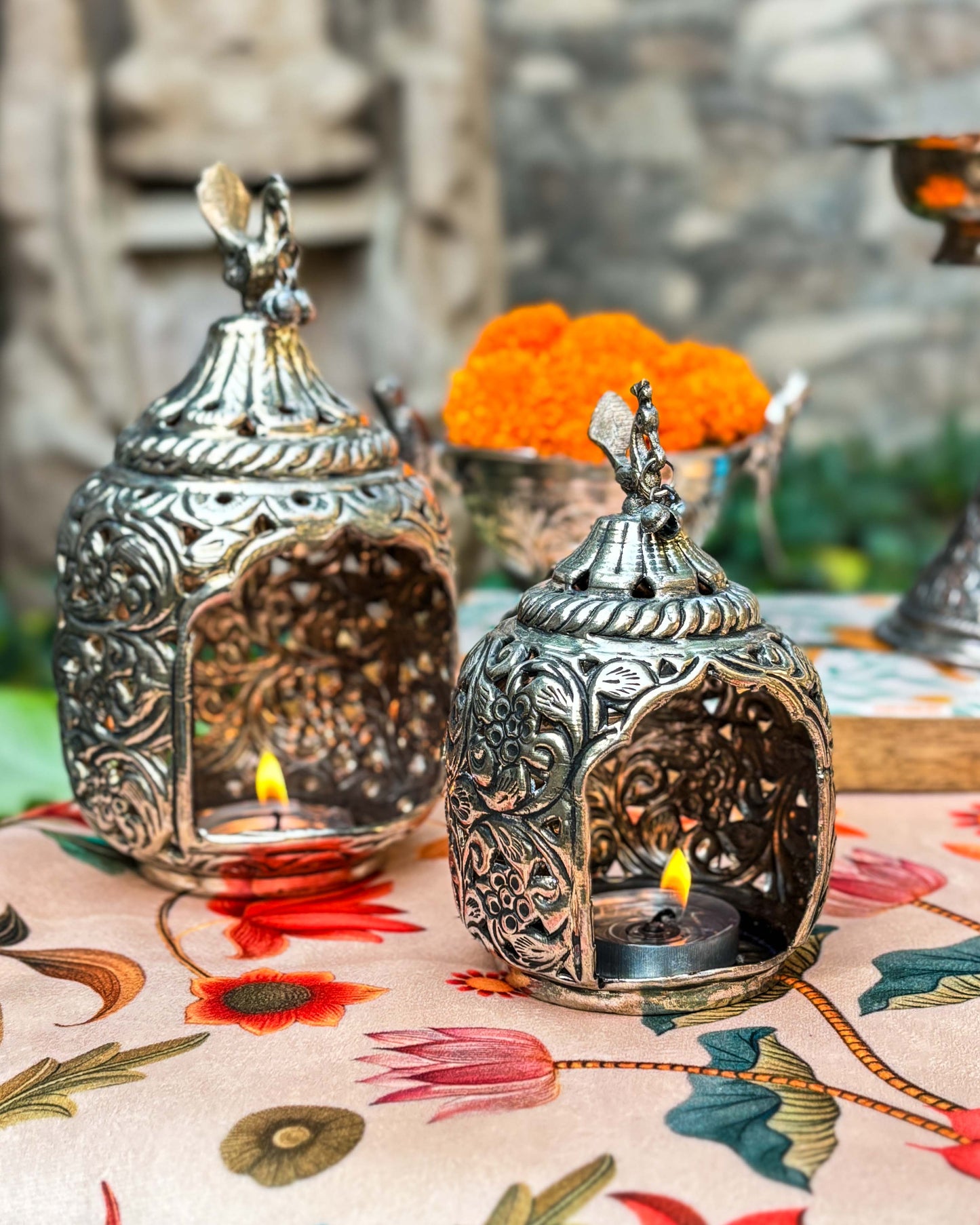 Peacock Glow Brass Tea Light Holders