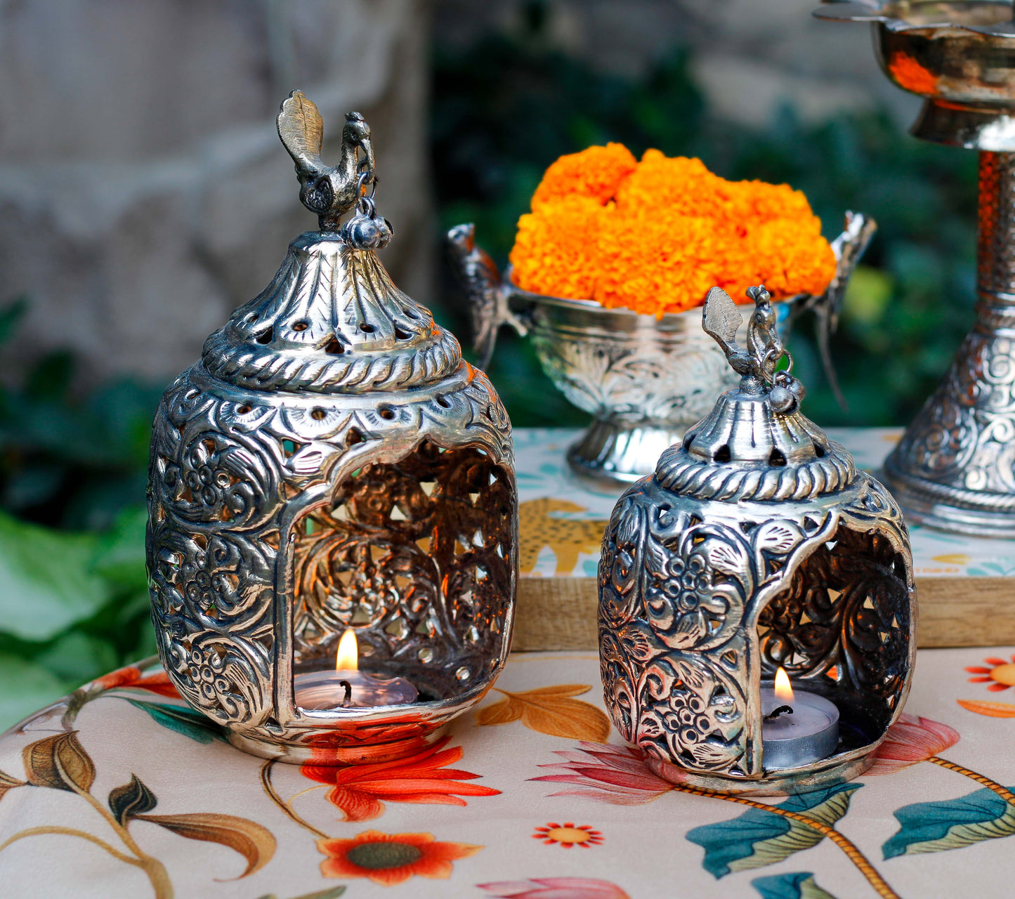 Peacock Glow Brass Tea Light Holders