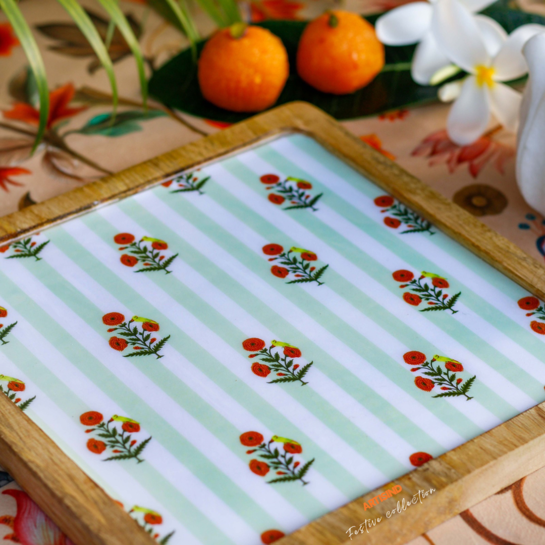 Marigold Parrot Jaal Wooden Serving Platter- Set of 2