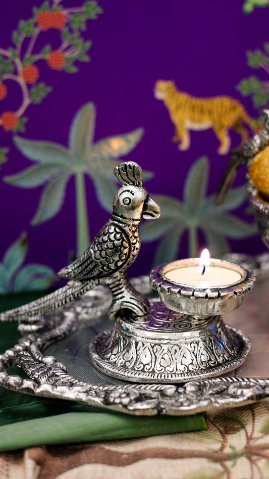 Parrot Silver Finish Tea Light Candle Holder
