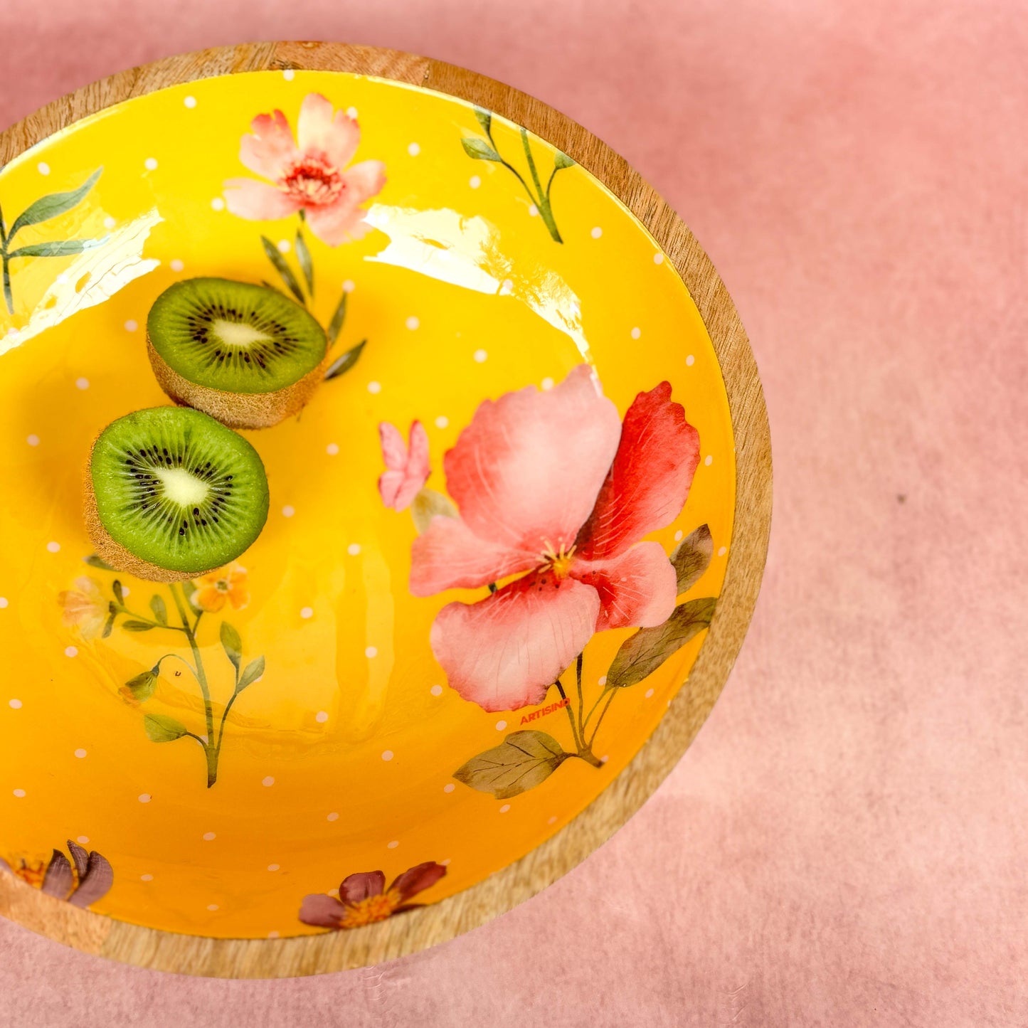 Mango Wood XL Bowl- Yellow Floral