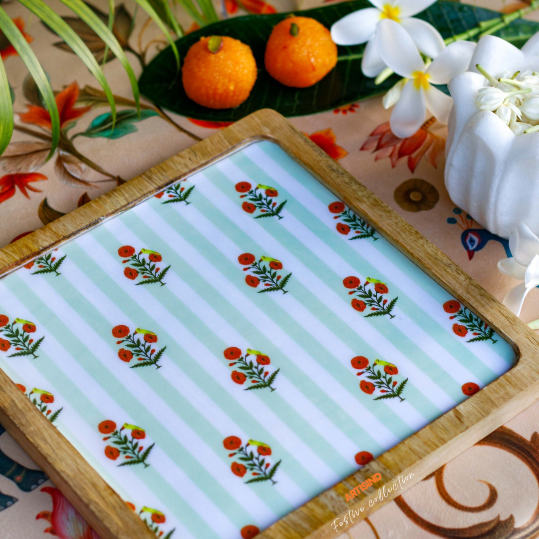 Marigold Parrot Jaal Wooden Serving Platter- Set of 2