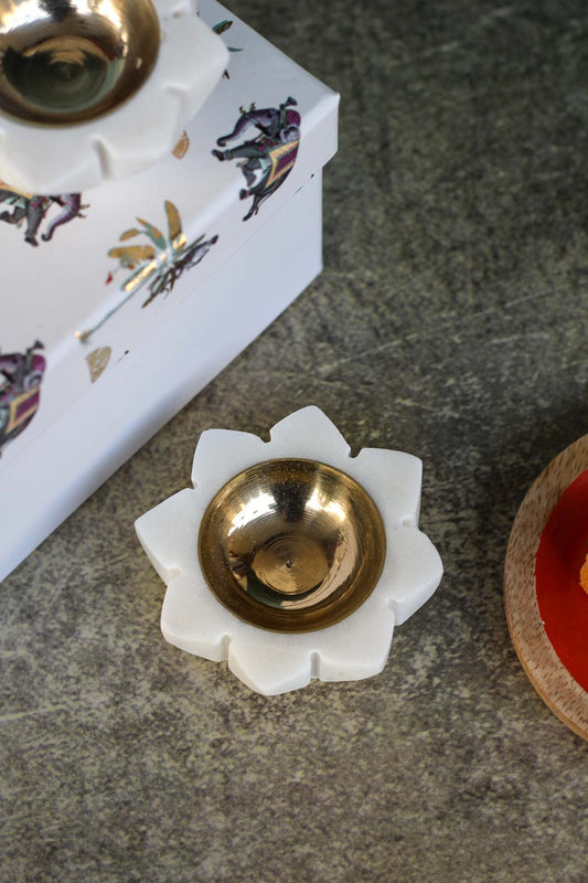 Marble Brass Diya- Lotus