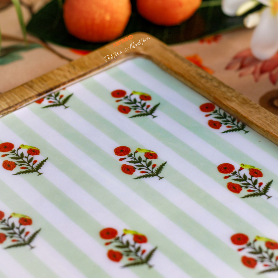 Marigold Parrot Jaal Wooden Serving Platter- Set of 2