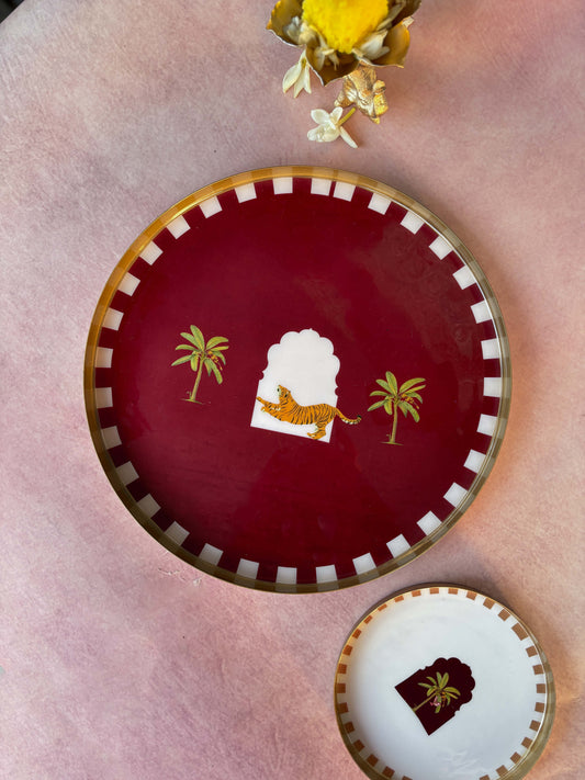 Handcrafted Metal Platter- Tiger Darbar Crimson