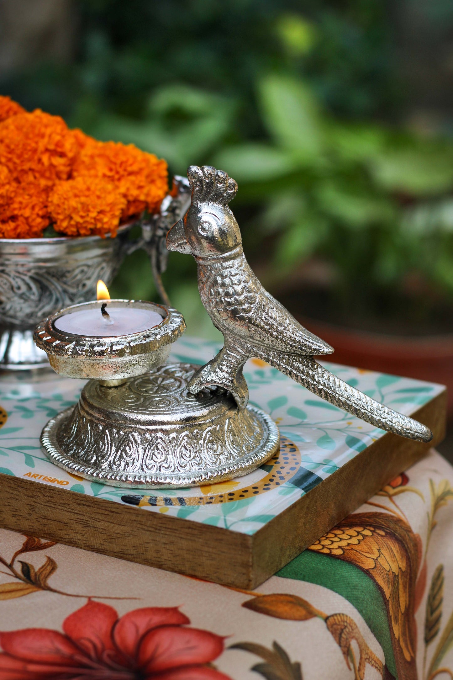 Parrot Silver Finish Tea Light Candle Holder