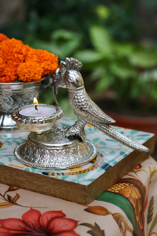 Parrot Silver Finish Tea Light Candle Holder