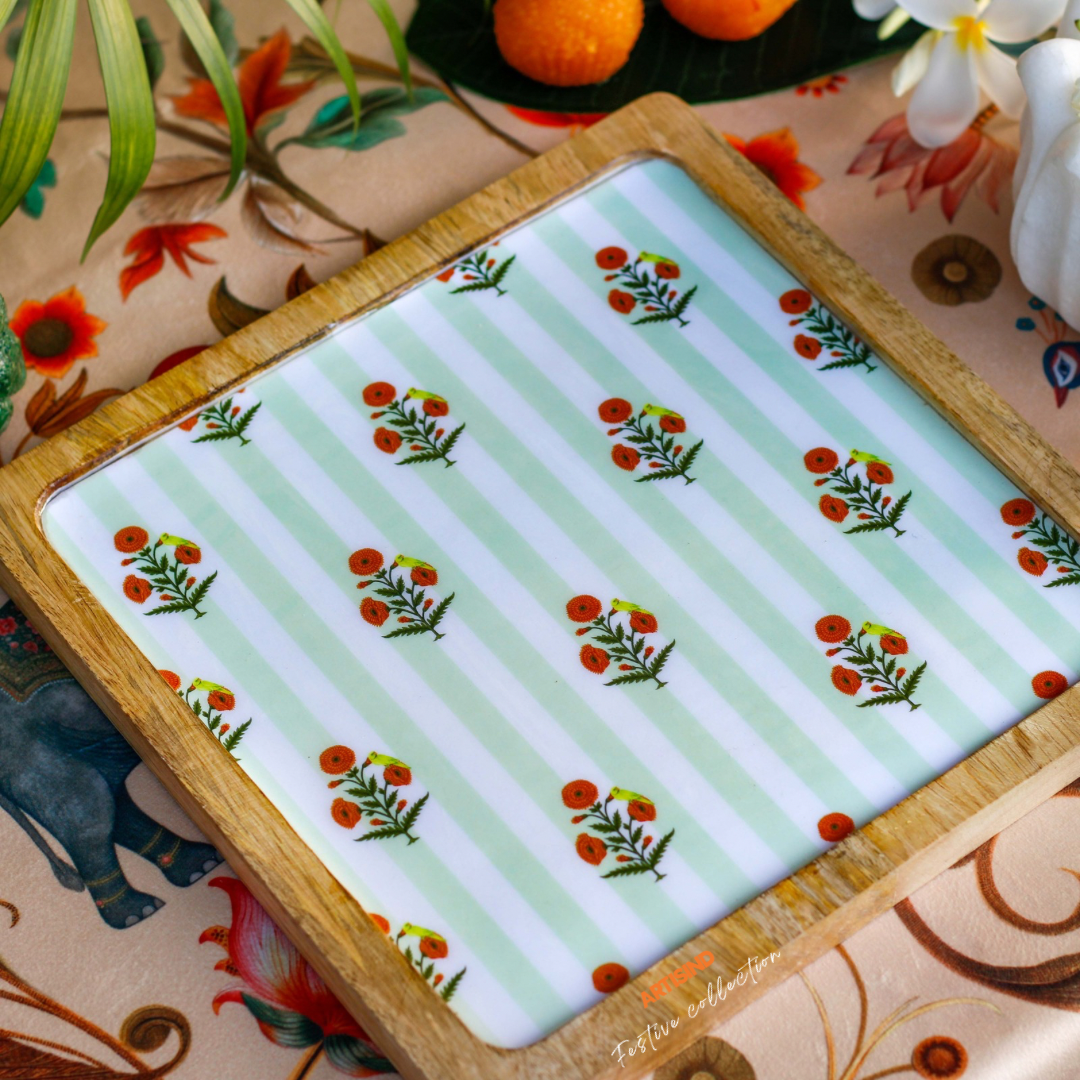 Marigold Parrot Jaal Wooden Serving Platter- Set of 2