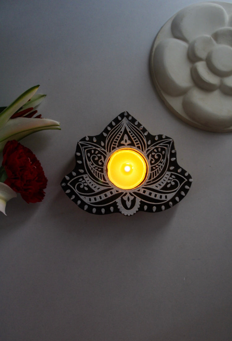 Wooden Block Tea Light Candle Holder- Lotus