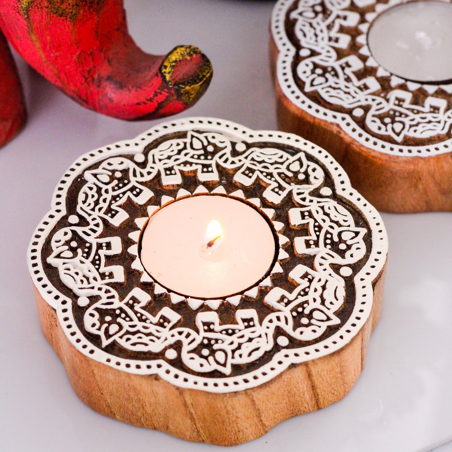Wooden Block Tea Light Candle Holder - Elephant