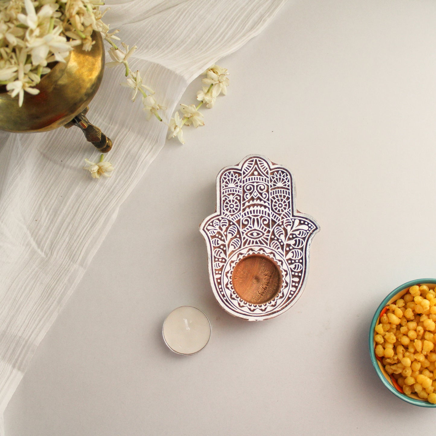 Wooden Block Tea Light Candle Holder- Hamsa with Evil Eye