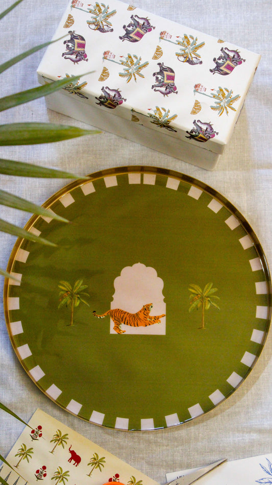 Handcrafted Metal Platter- Tiger Darbar Olive