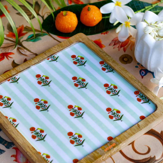 Marigold Parrot Jaal Wooden Serving Platter (Delivery after Diwali)