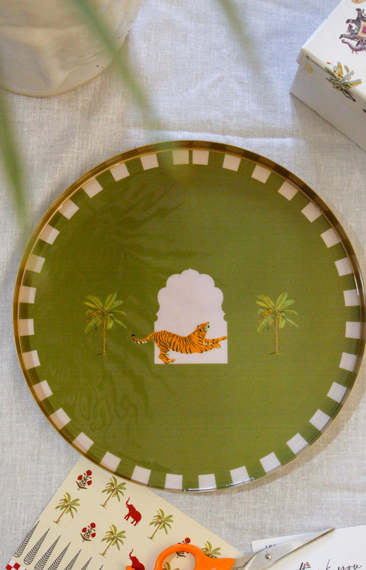 Handcrafted Metal Platter- Tiger Darbar Olive