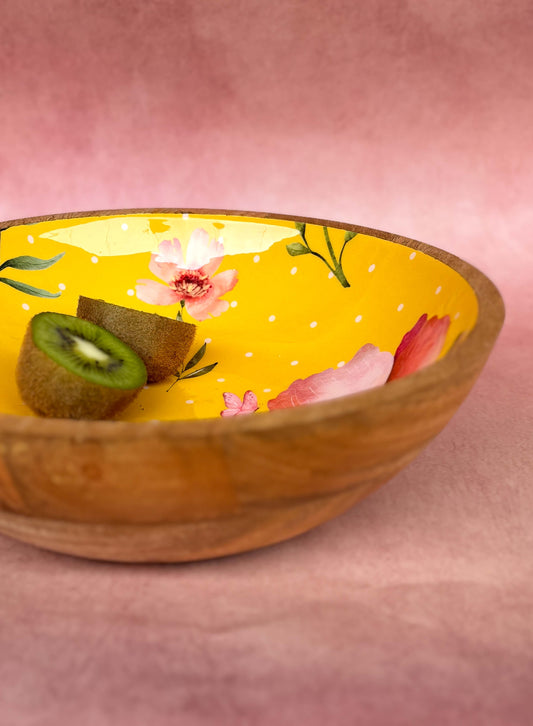 Mango Wood XL Bowl- Yellow Floral