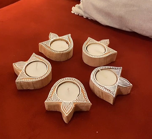 Wooden Block Tea Light Candle Holder- Set of 5 Diyas