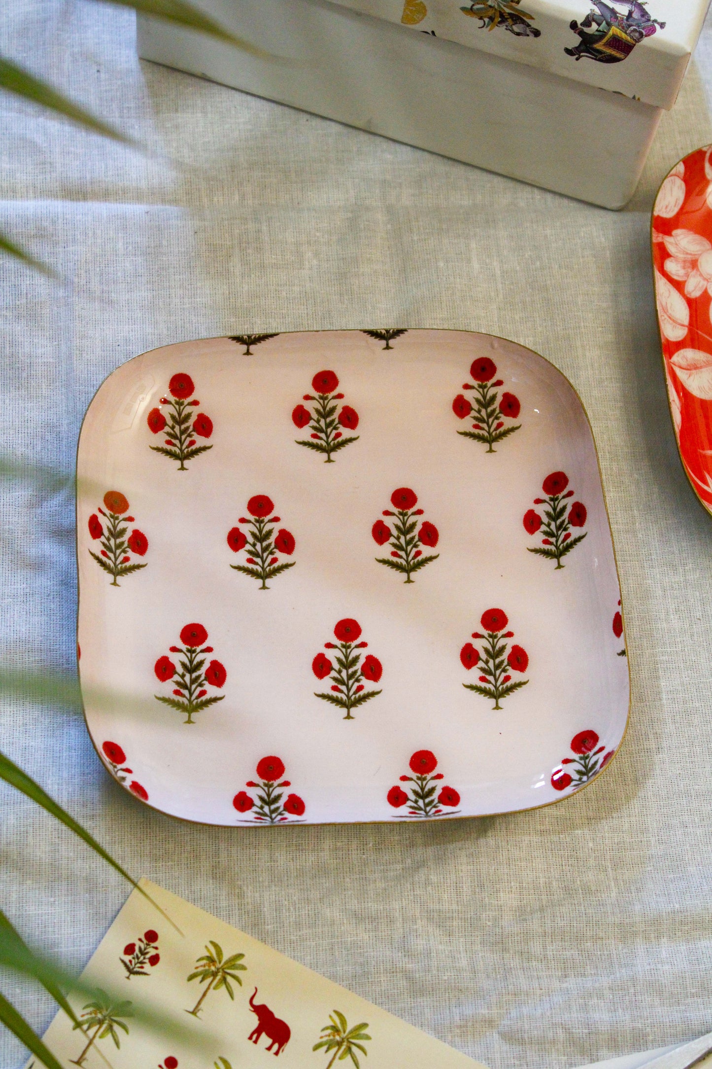 Red Mughal Square Metal Plate