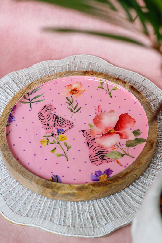 Mango Wood Enamel Plate – Pink Tiger