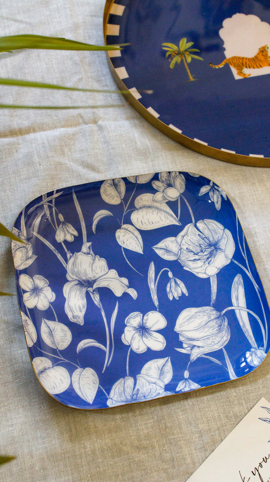 Blue floral Square Metal Plate