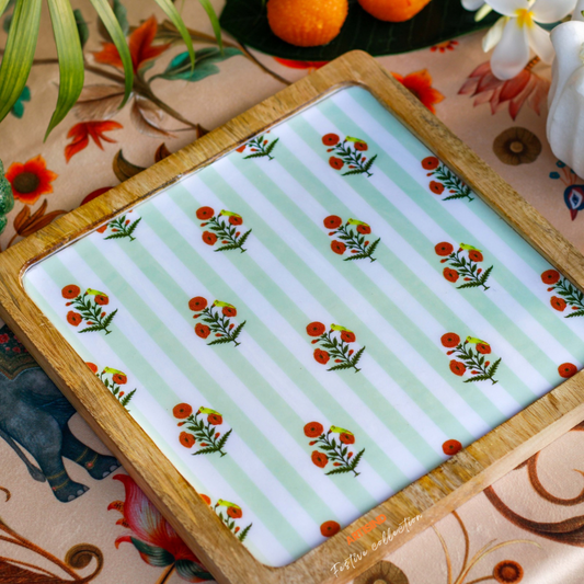 Marigold Parrot Jaal Wooden Serving Platter (Delivery after Diwali)