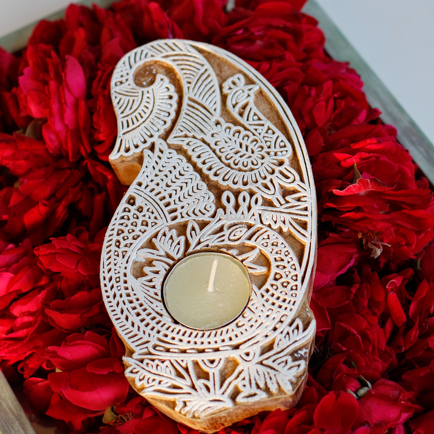 Wooden Block Tea Light Candle Holder- Peacock Paisley XL