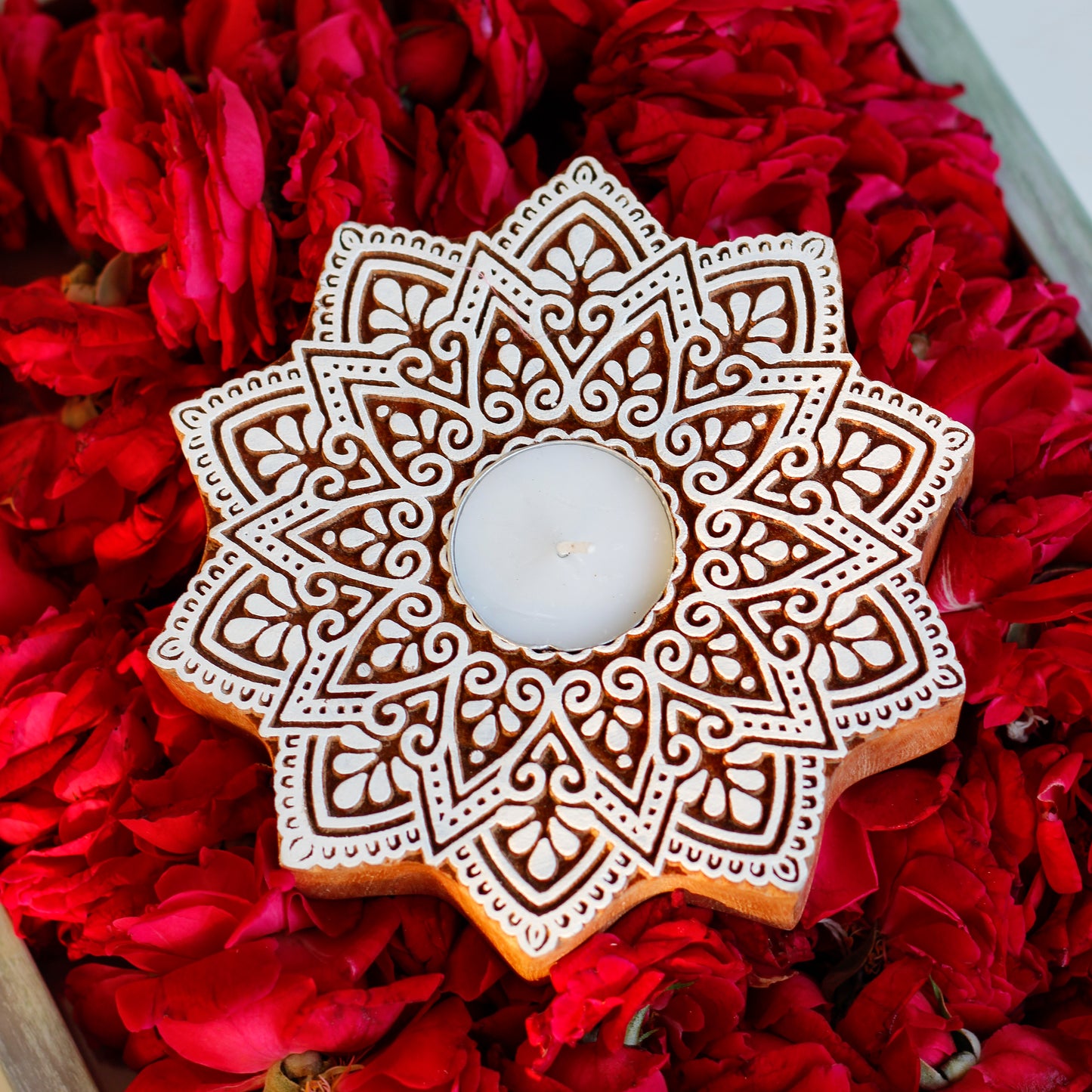 Wooden Block Tea Light Candle Holder- Rangoli Mandala Large