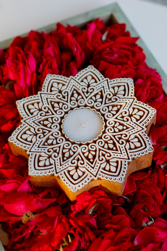 Wooden Block Tea Light Candle Holder- Rangoli Mandala Large