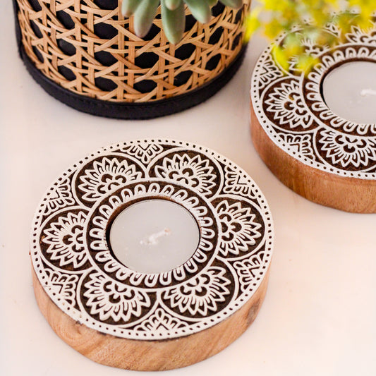 Wooden Block Tea Light Candle Holder - Sunflower Mandala