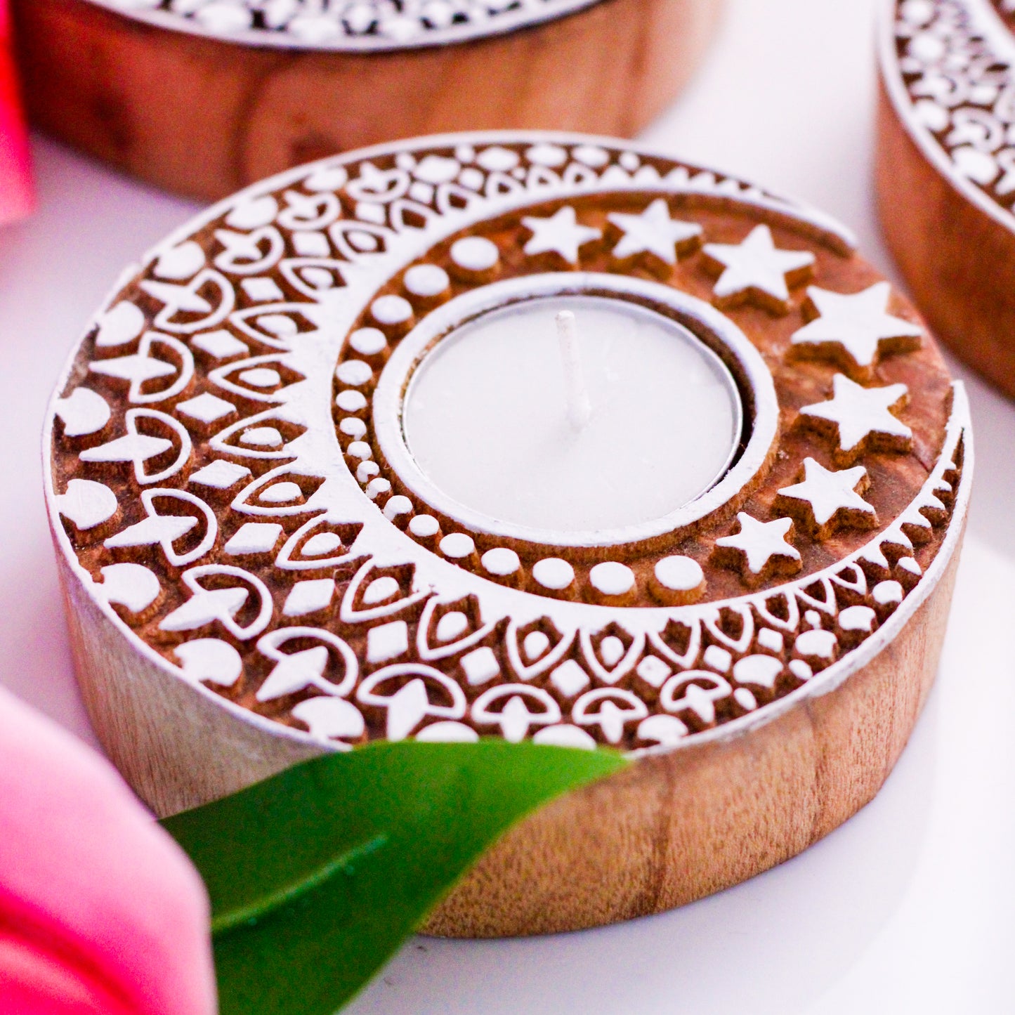 Wooden Block Tea Light Candle Holder - Crescent Moon & Stars