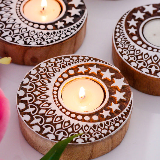 Wooden Block Tea Light Candle Holder - Crescent Moon & Stars