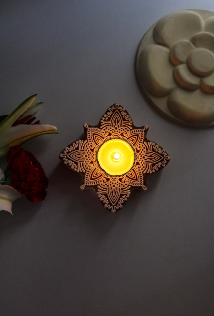 Wooden Block Tea Light Candle- Rangoli