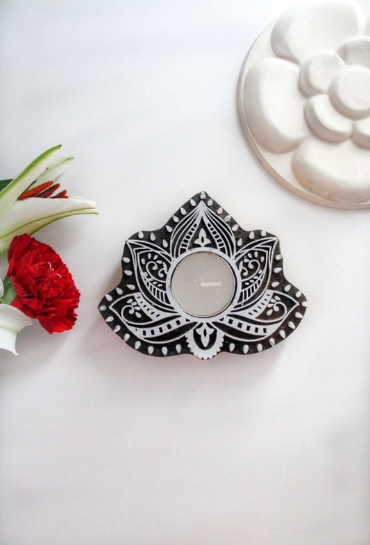 Wooden Block Tea Light Candle Holder- Lotus