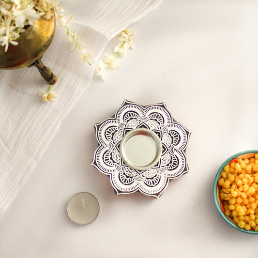 Wooden Block Tea Light Candle Holder- Flower Mandala