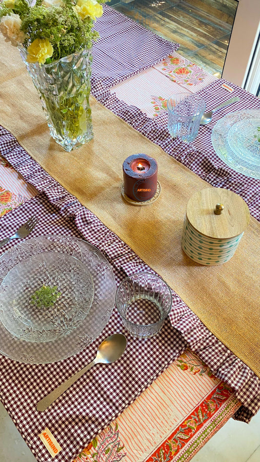 Plum Gingham Jute Table Runner